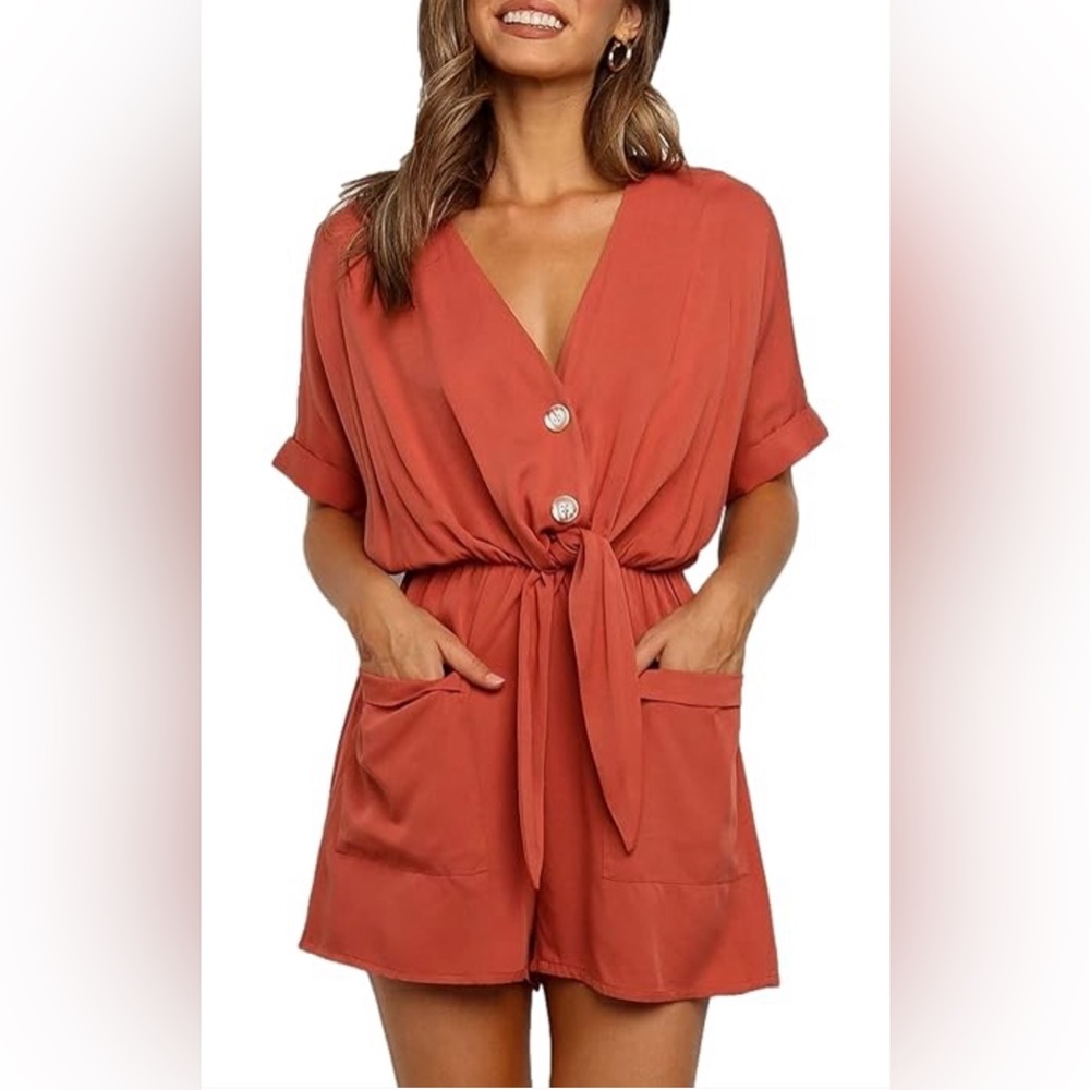 Women's Short Sleeve Deep V Neck Button Jumpsuit, size small, coral, new